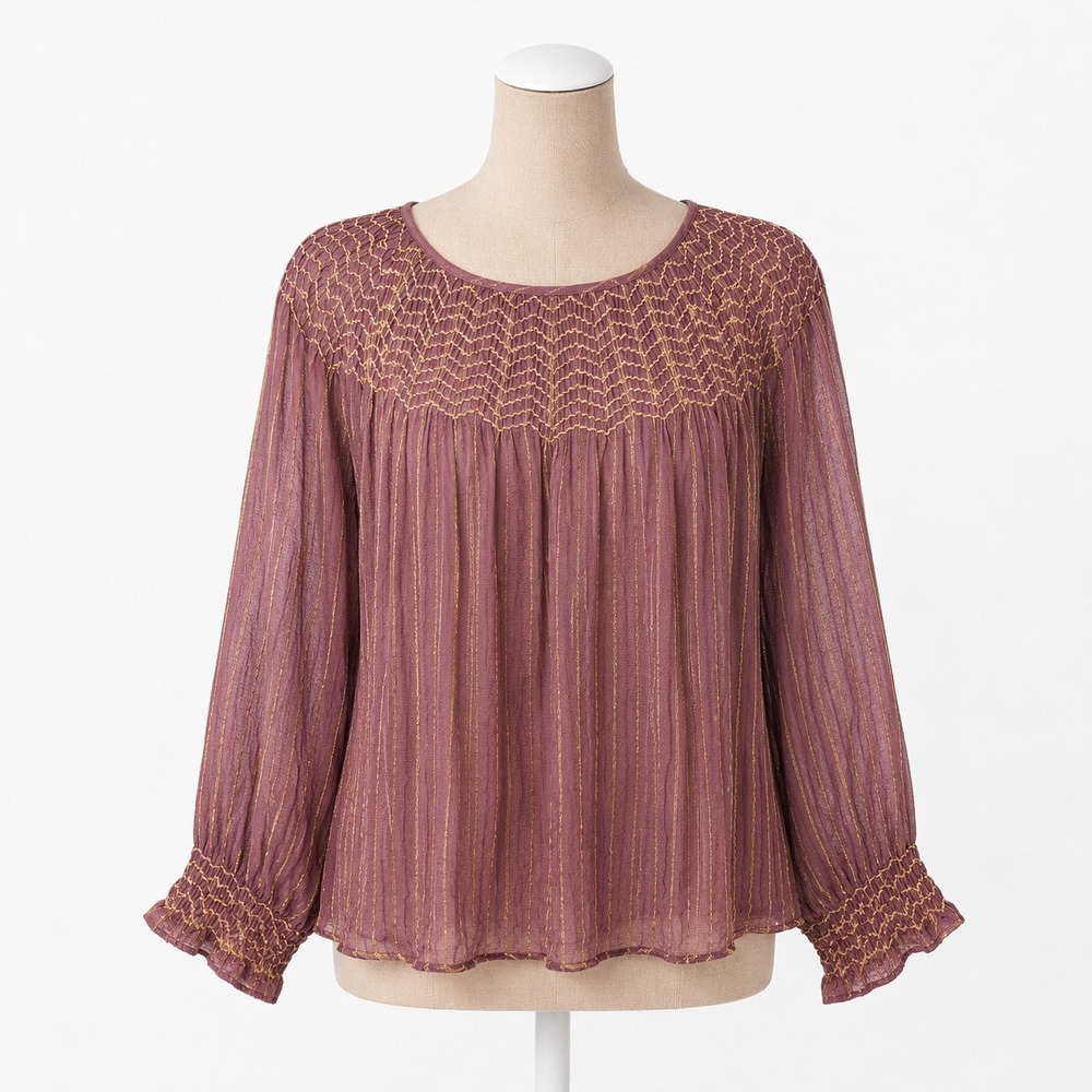 Boho Sheer Metallic‎ Smocked Long Sleeve Peasant Top Sz S Fairy Grunge Ren Faire